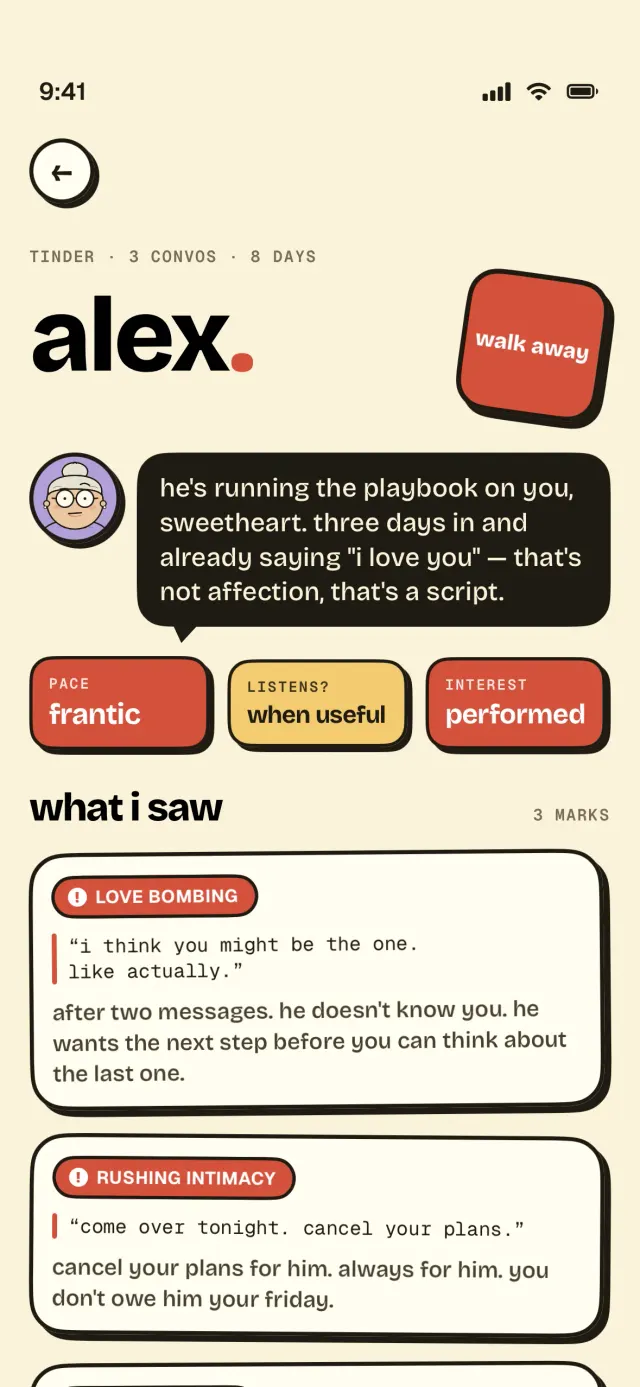 Granny's verdict for Alex: a 'walk away' stamp, with red flags for love bombing and rushing intimacy.