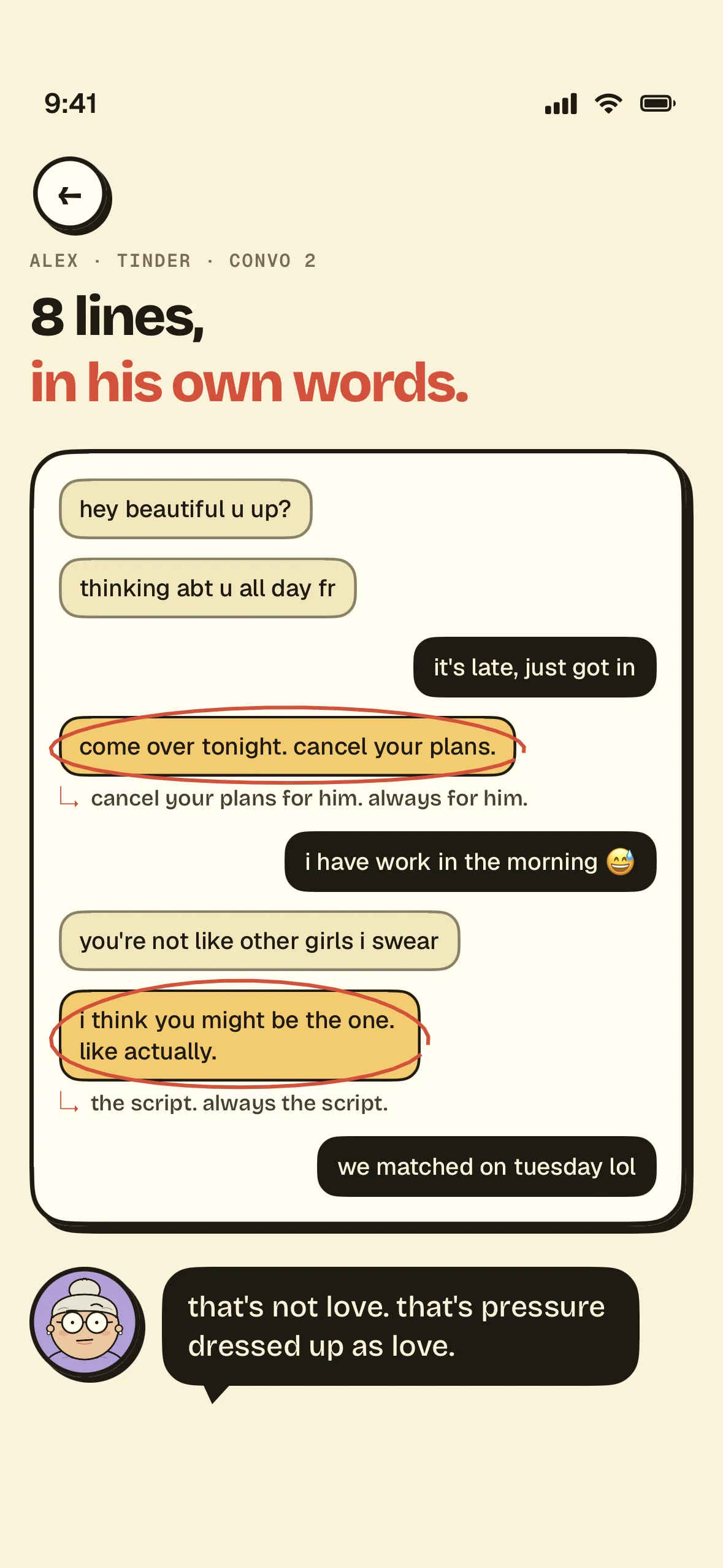 The receipts screen: Granny’s annotated transcript of a chat, circling ‘come over tonight, cancel your plans’ and ‘i think you might be the one’ in red, with the note ‘that’s not love, that’s pressure dressed up as love.’